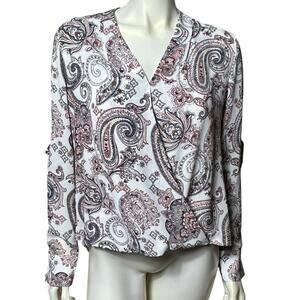 White House Black Market Size 8 Paisley Blouse V-Neck Roll-Tab Sleeves Pink Navy